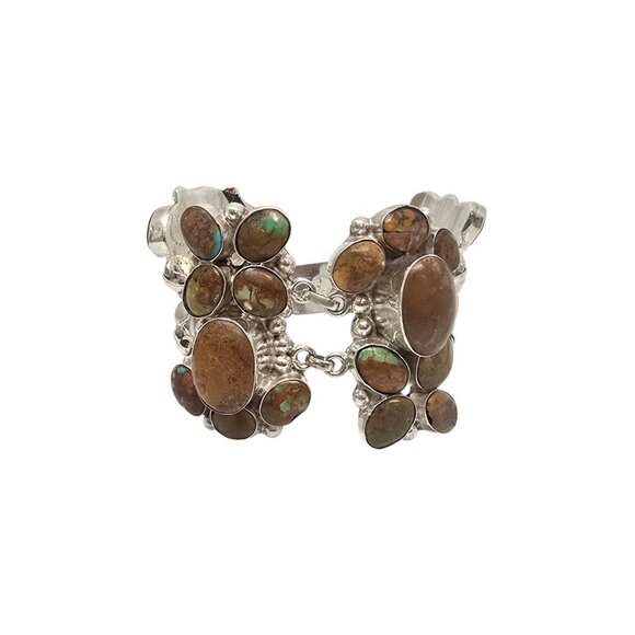 Native American Sterling Silver Brown Turquoise Wide Cluster Link Bracelet 19773 - Picture 7 of 10